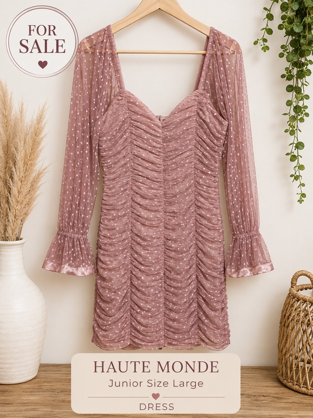 Haute Monde Mauve Ruched Polka-Dot Mesh Dress